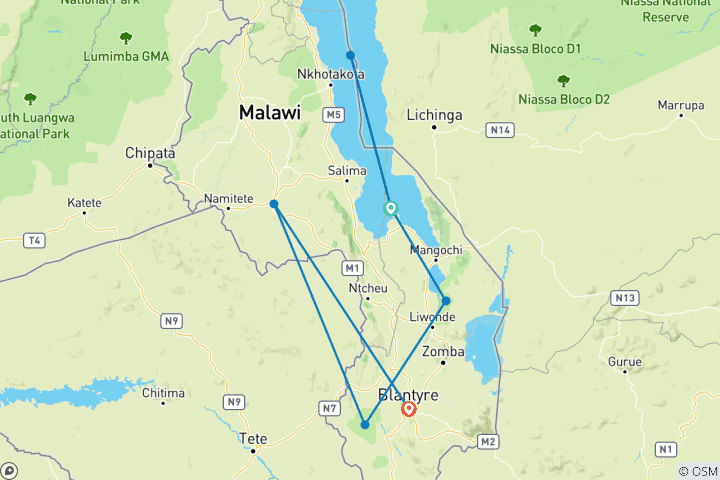 Mapa de Itinerario por Malaui: Aventura de 7 días entre el lago y un safari para ver los «Cinco Grandes»