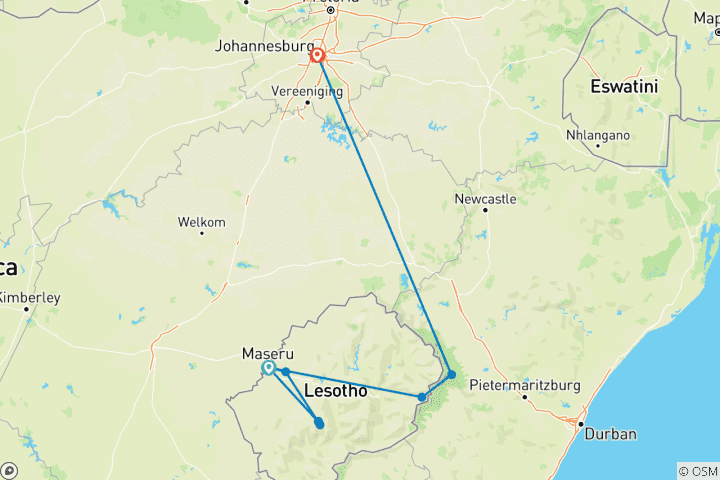 Mapa de Escapada a las grandes tierras altas de Lesoto y Sudáfrica: 8 días / 7 noches