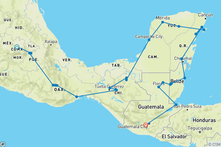 Carte du circuit De Mexico au Guatemala (39 destinations)