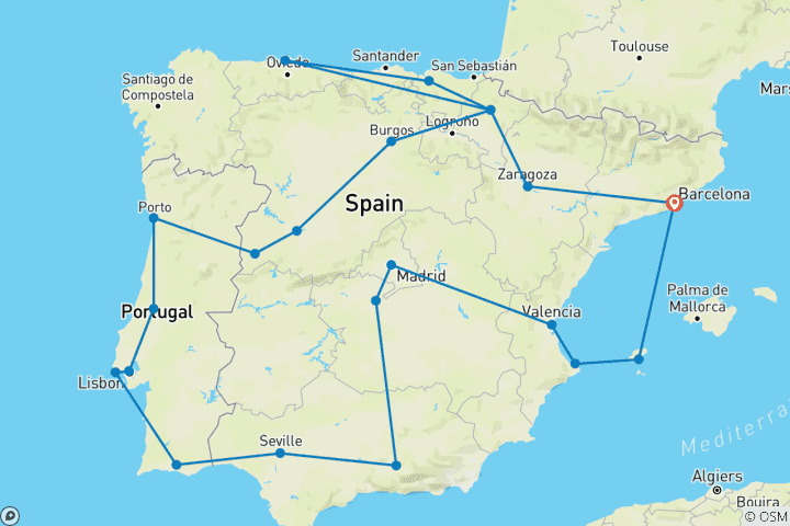 Kaart van Het beste van Spanje en Portugal (inclusief Denia, leeftijd 27-35, vertrek vanuit Barcelona)