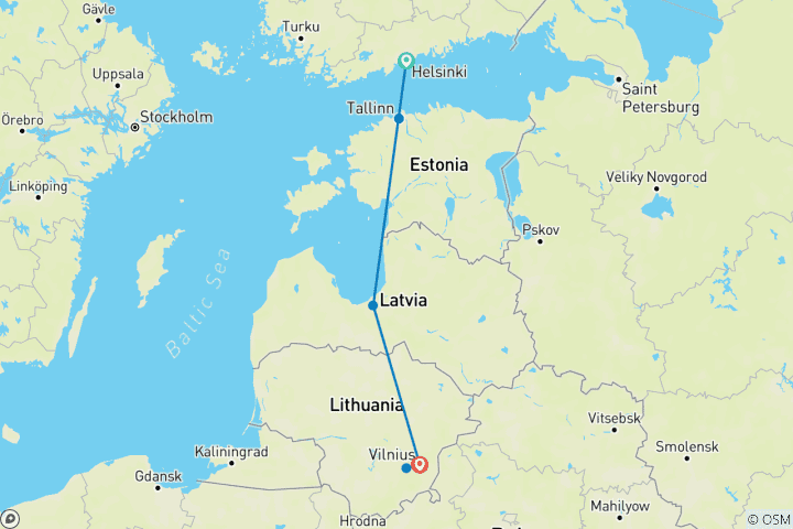 Carte du circuit La Finlande et les capitales baltes en 9 jours – Un circuit à Helsinki, Tallinn, Riga et Vilnius