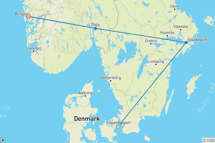 Mapa de «Capitals Journey of the Nordics» y «Norway in a Nutshell»: Copenhague, Estocolmo, Oslo y Bergen pasando por Flam