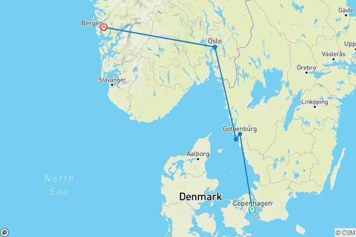 Mapa de Lo mejor de los países nórdicos, los fiordos y Noruega en pocas palabras: Copenhague, Gotemburgo, Oslo y Bergen pasando por Flam
