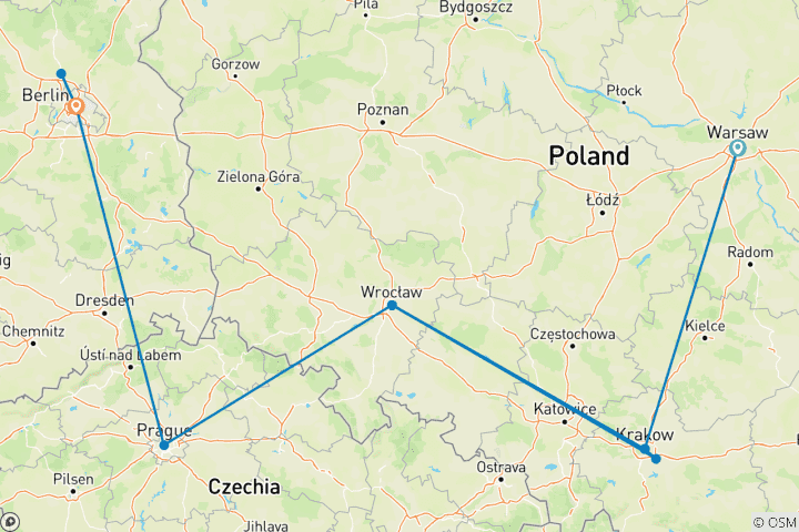 Carte du circuit La Pologne, la République tchèque et l'Allemagne en 11 jours – À la découverte de Varsovie, Cracovie, Wrocław, Prague et Berlin en 11 jours