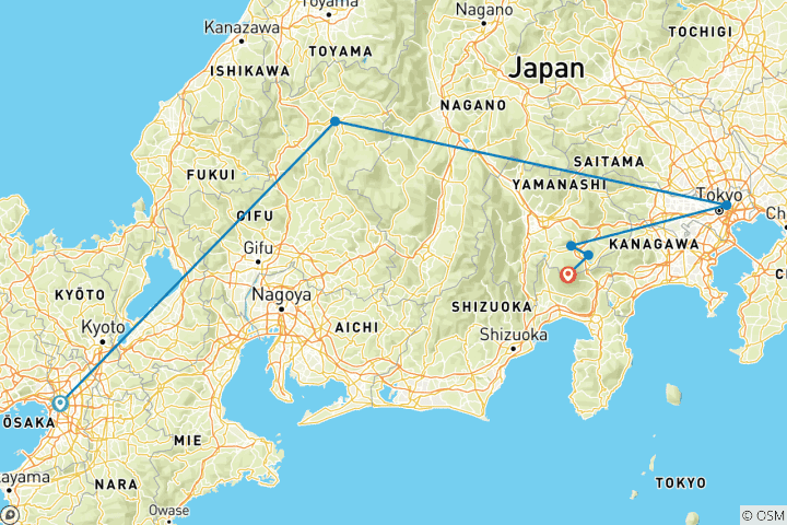 Karte von 10-tägige Japan-Entdeckungstour mit dem Zug: Osaka, Takayama, Tokio und der Fuji