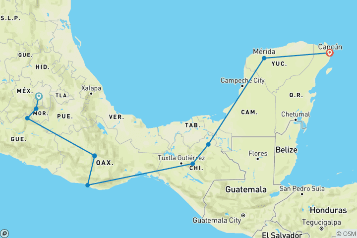 Karte von 13-tägiges Rucksackabenteuer in Mexiko: Von der Hauptstadt bis nach Yucatán