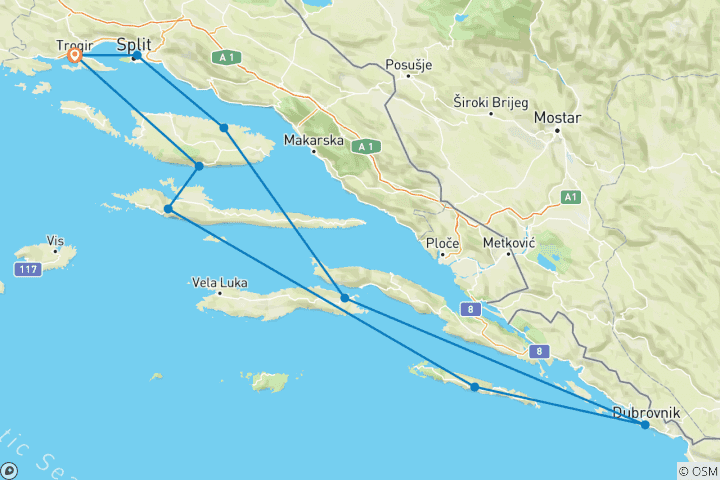 Carte du circuit Croisière aller-retour Split/Trogir avec escale à Dubrovnik K200 - MS Adriatica 2027