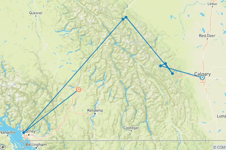 Karte von 5-tägige Busreise von Calgary nach Vancouver (Abholung am Flughafen Calgary) | Kanadische Rocky Mountains + das Landesinnere von British Columbia