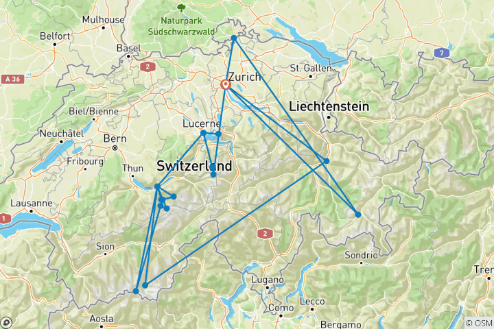 Kaart van Rondreis door Zwitserland met St. Moritz – 9 dagen in Zermatt, Interlaken, Luzern, Zürich en St. Moritz