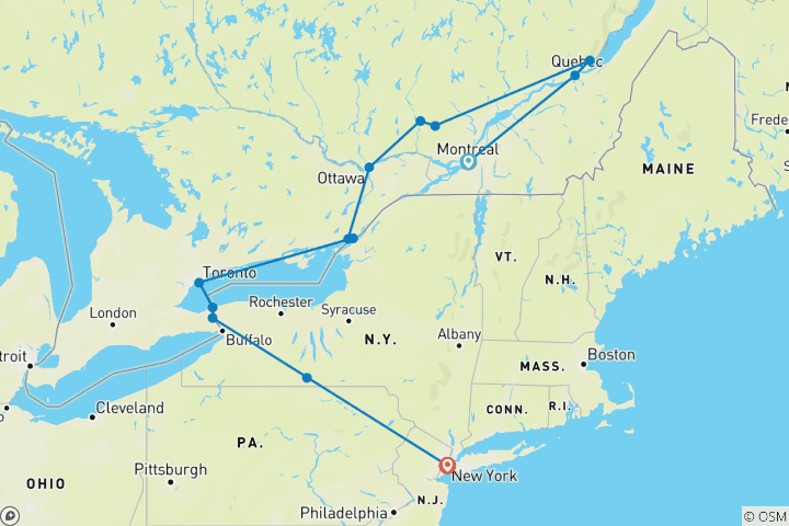 Map of Canadian Highlights to New York Adventure - 10 days