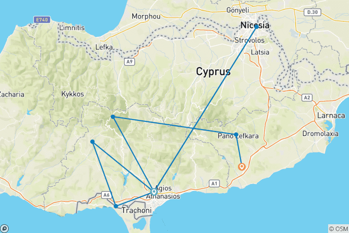 Kaart van Hoogtepunten van Cyprus – 6 dagen