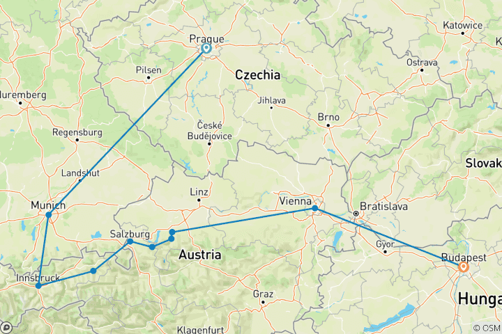 Map of Prague to Budapest Central European Discovery - 8 days