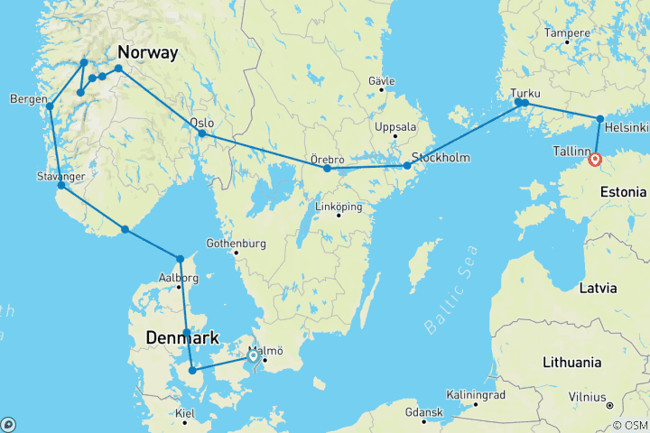 Karte von Abenteuer „Skandinavische Fjorde und nordische Hauptstädte“ – 12 Tage