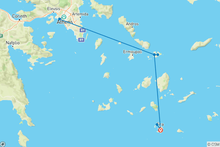 Kaart van Eilandhoppen: Athene, Mykonos en Santorini – 8 dagen