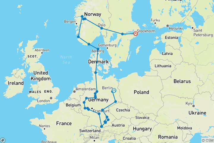 Karte von Eine bezaubernde Reise von Deutschland nach Skandinavien – 14 Tage