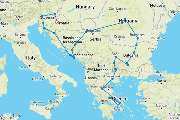 Map of Grand Balkan Odyssey Greece to Zagreb Adventure - 19 days