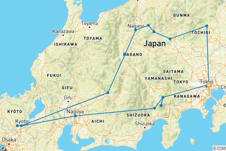 Kaart van Betoverend Japan: tempels, tradities en natuur – 9 dagen
