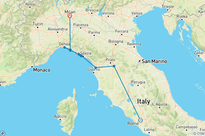 Map of Rome to Milan Italian Highlights Journey - 7 days
