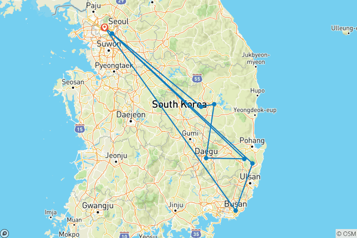 Map of Korea's Cultural Odyssey Seoul to Busan - 6 days