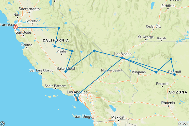 Map of California Dreaming From Glitz to Giants - 10 days