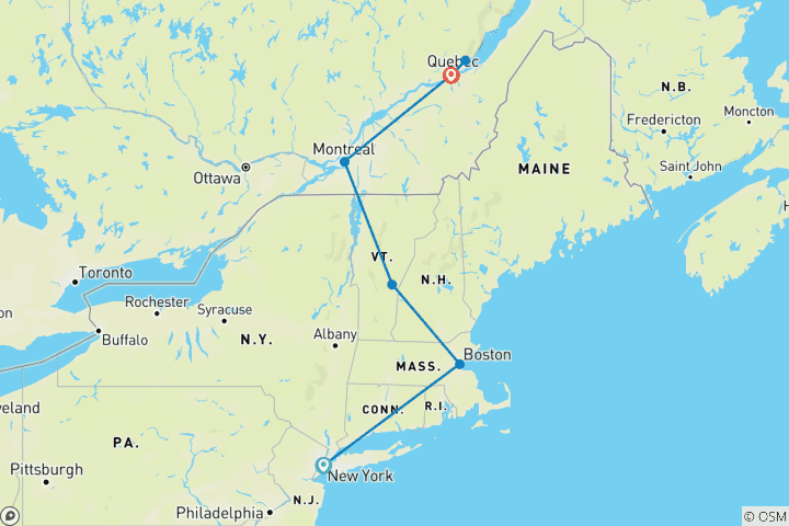 Karte von Entdeckungsreise von New York nach Quebec – 7 Tage