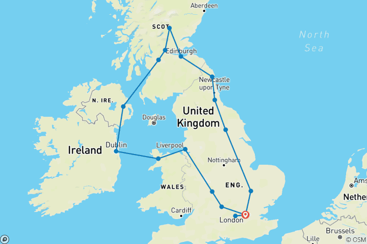 Carte du circuit Les capitales, les châteaux et la campagne des Îles-Britanniques – 11 jours