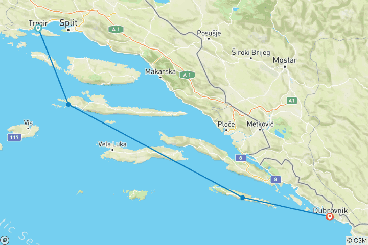 Kaart van 4-daagse trip van Split naar Dubrovnik, Premier Plus-boot, 18-35-jarigen