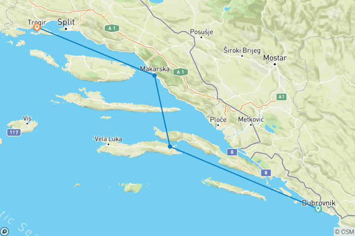 Mapa de 5 días de Dubrovnik a Split, barco Premier Plus, de 18 a 35 años