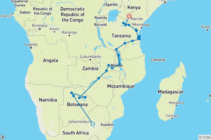 Karte von Johannesburg nach Kenia (40 Destinationen)