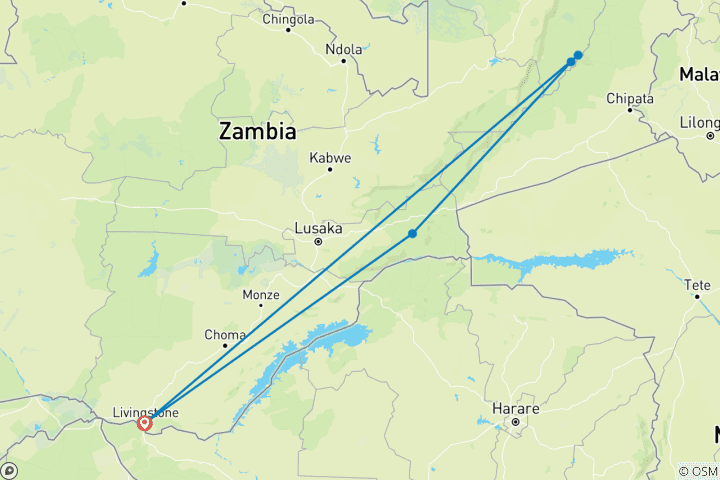 Carte du circuit Safari de 8 jours en Zambie et visite des chutes Victoria – Faune sauvage et nature sauvage