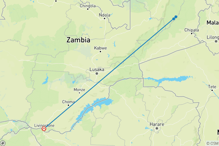 Carte du circuit Safari de 7 jours en Zambie et aventure aux chutes Victoria