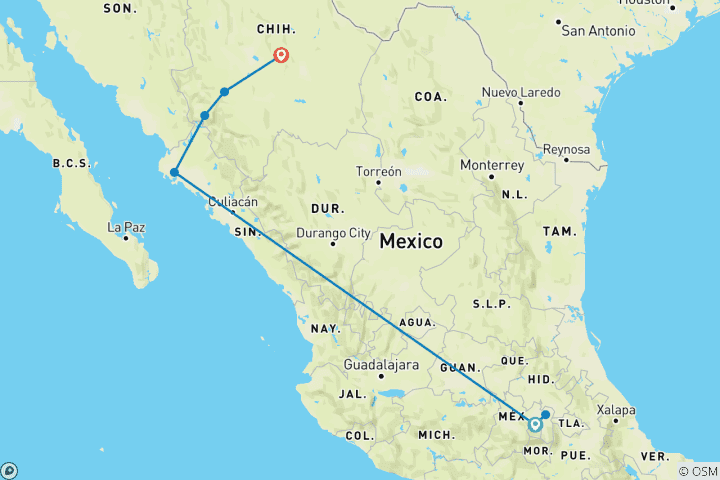 Carte du circuit Circuit de 8 jours à la découverte du Canyon du Cuivre et de Mexico : des pyramides antiques au voyage à bord du train « El Chepe »