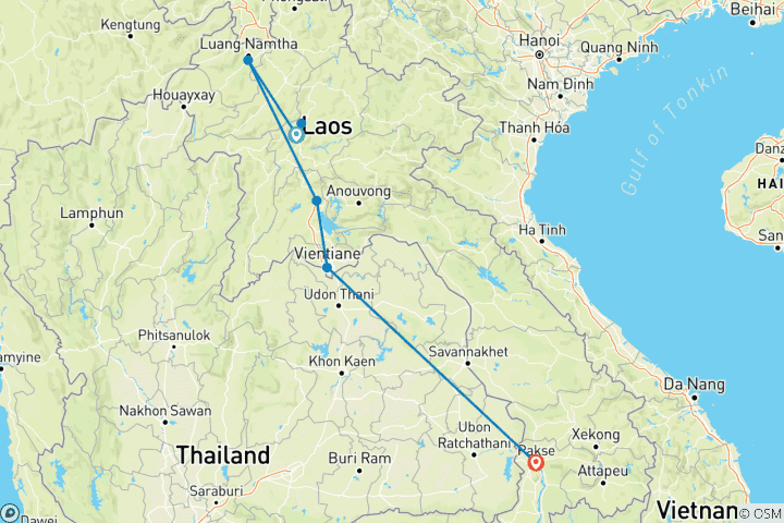 Kaart van Ontdek Laos van noord naar zuid: Luang Prabang, Vang Vieng, Vientiane, het Bolaven-plateau en de 4000 Eilanden – cultuur, natuur en lokale ervaringen