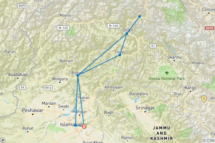 Kaart van Fietstocht door Pakistan