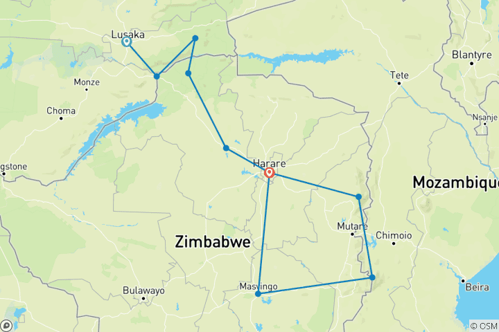 Map of 15-DAY Zambia & Zimbabwe Grand Safari From the Lower Zambezi & Mana Pools Wilderness to Great Zimbabwe, Gonarezhou & the Eastern Highlands