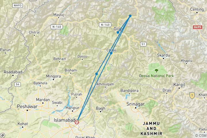Map of 11-Day Whitewater Rafting & Alpine Lakes Adventure in Hunza & Naran