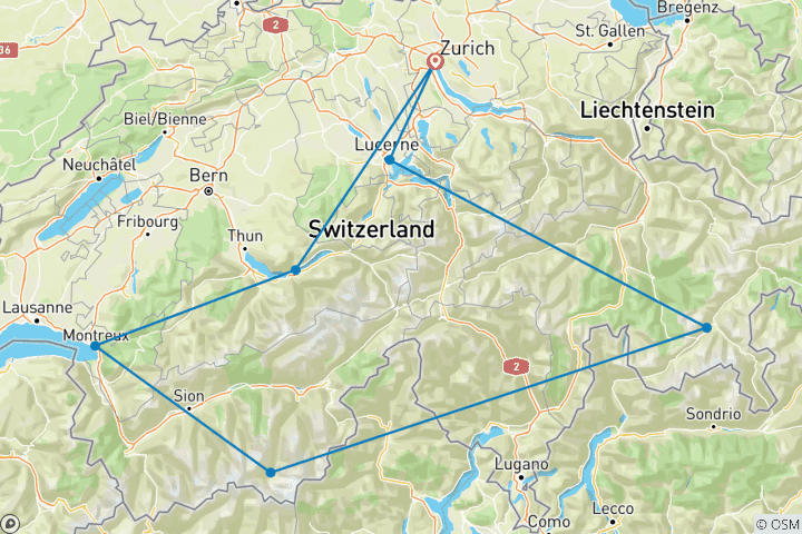 Map of Spectacular Swiss Alps W/Bernina & Glacier Express Routes & 5 Star Stay