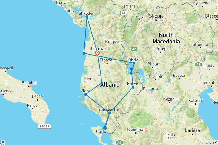 Carte du circuit Grand circuit en Albanie : sommets, lacs et Riviera (plusieurs pays)