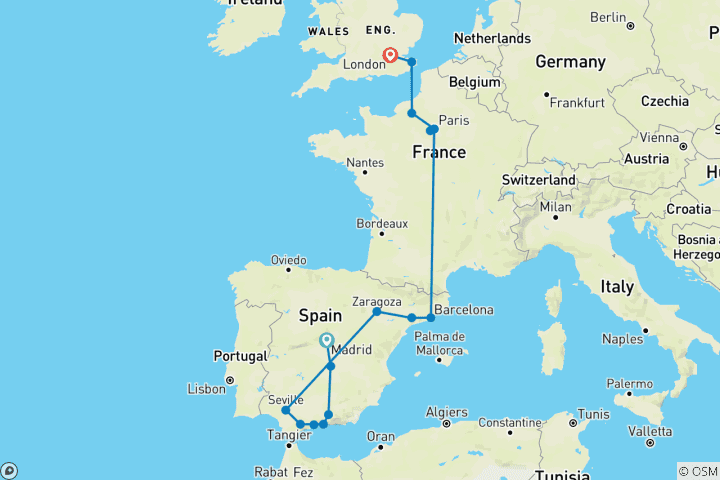 Carte du circuit La grandeur de l'Europe (de Madrid à Londres)