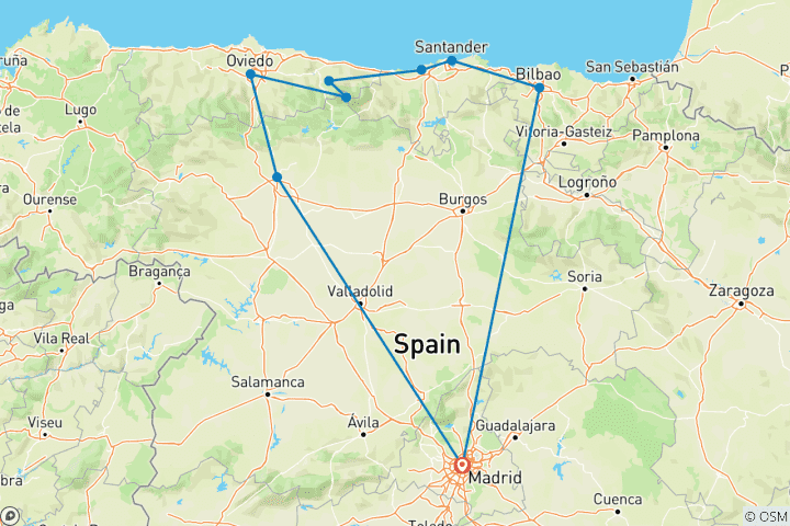 Mapa de Madrid y el norte de España (9 destinos)