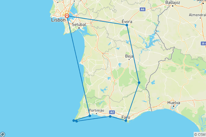 Map of Southern Portugal with Lisbon (9 destinations)