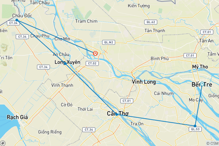 Map of 5-Day Mekong Delta Cycling Adventure: Villages, Floating Markets & Hidden Cultural Gems