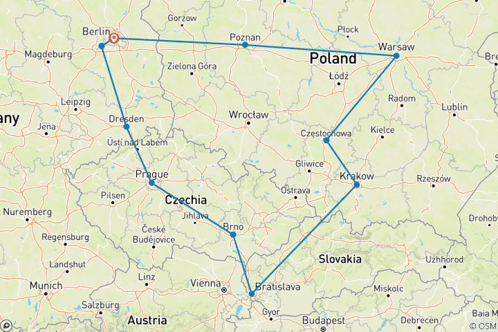 Carte du circuit Berlin et le meilleur de la Pologne (11 destinations)