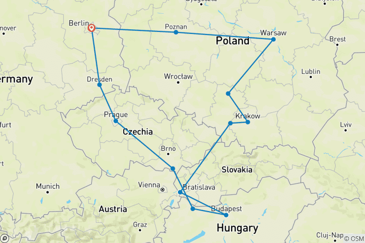 Carte du circuit Berlin, Prague, Budapest et Pologne