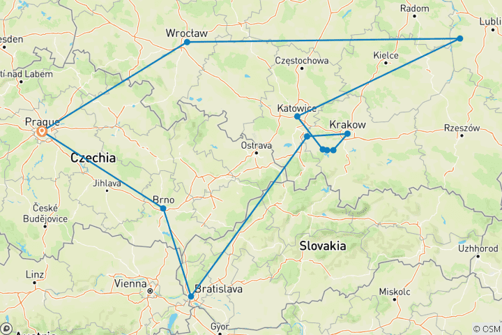 Carte du circuit Les incontournables de la République tchèque et de la Pologne, avec une arrivée à Prague (12 destinations)