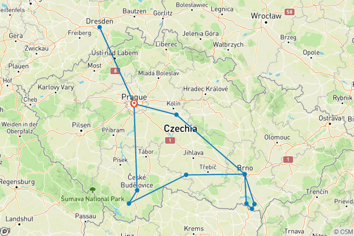 Carte du circuit Le Triangle tchèque (13 destinations)