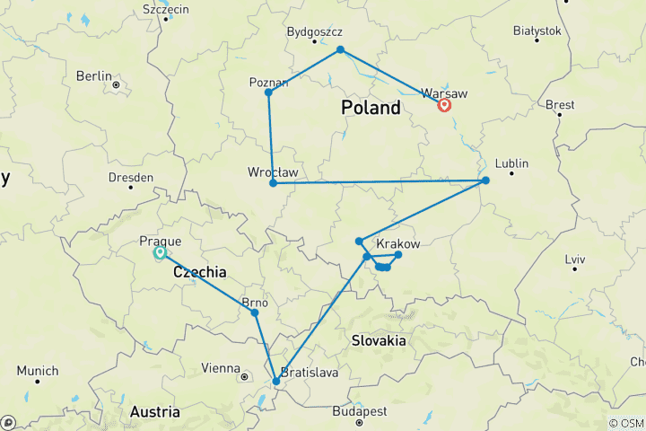 Carte du circuit Les incontournables de la République tchèque et de la Pologne, avec arrivée à Varsovie (de Prague à Varsovie)
