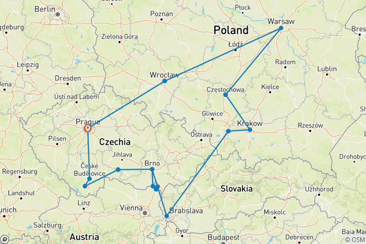 Carte du circuit La Tchéquie et l'essentiel de la Pologne (16 destinations)