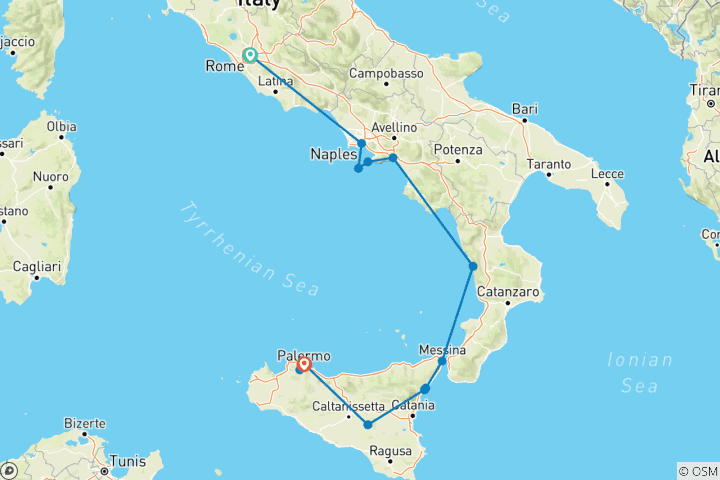 Map of Beautiful Campania, Sicily and Rome
