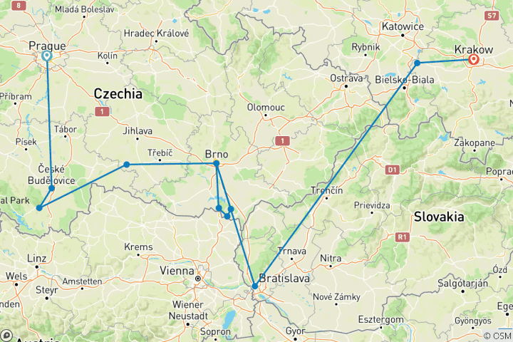 Carte du circuit Les charmes de la Bohême et de la Moravie, avec Cracovie comme point d'arrivée (y compris Auschwitz)